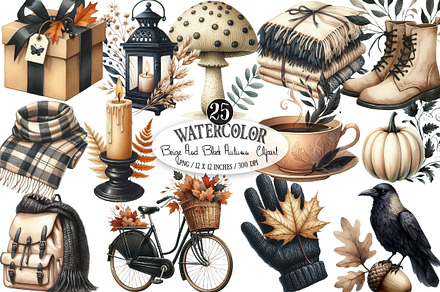 Beige & Black Autumn Watercolor PNG, an Illustration by Designking