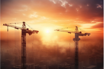 Building under construction sunset, an Industrial Photo by Ylivdesign