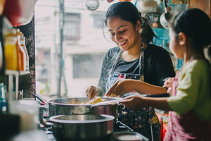 Immigrant woman cooking dinner with, a Person Photo by MistyDay