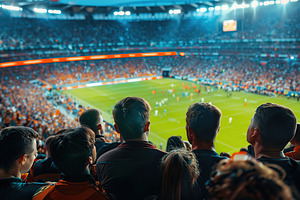 Back view of happy fans on a stadium watching soccer match, a Sports & Recreation Photo by AlyaAnd