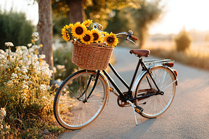 Charming vintage bicycle adorned with a wicker basket of sunflowers in a serene, a Nature Photo by AlyaAnd
