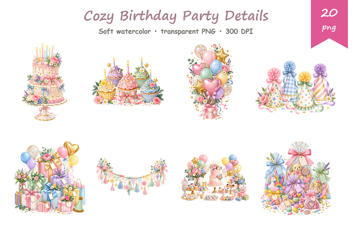 Watercolor Birthday Party Clipart, a Decorative Illustration by BerryPieArt (Photo 3 of 4)