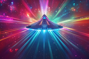 A futuristic spaceship emitting colorful light beams in a starry galaxy., an Arts & Entertainment Photo by Textures & Backgrounds