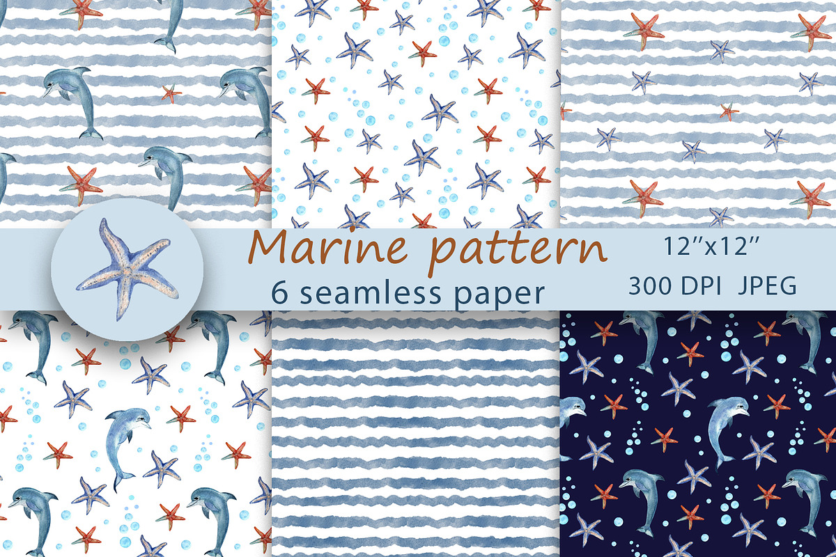 Marine pattern. Watercolor paper, a Pattern Graphic by TetianaArt (Photo 1 of 5)