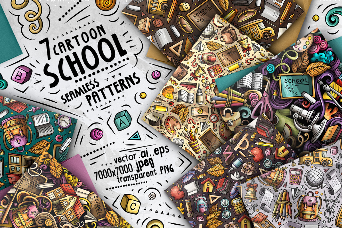 7 School Cartoon Seamless Patterns, a Pattern Graphic by BALABOLKA (Photo 1 of 8)