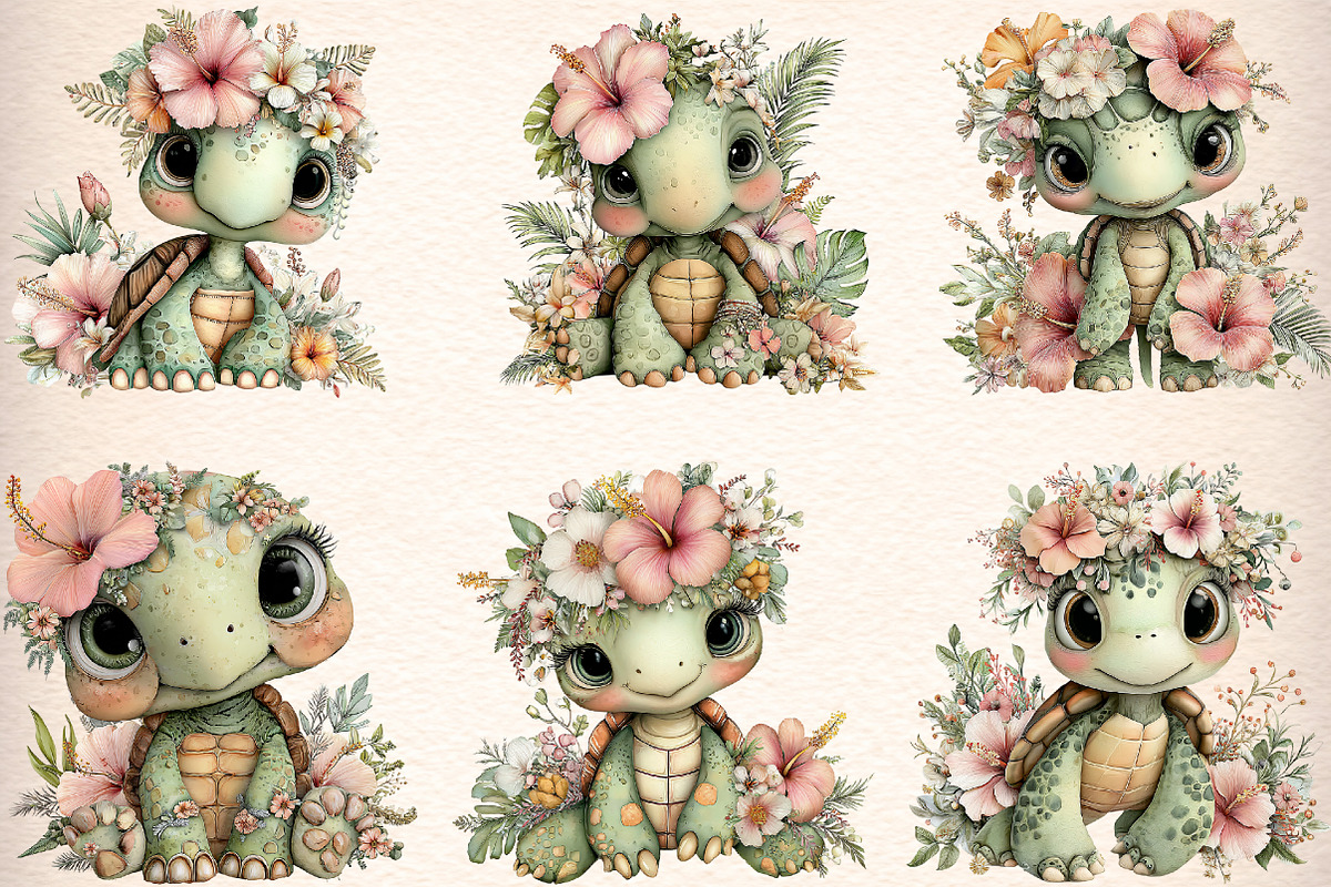 Watercolor Summer Turtle Hibiscus Cl, an Illustration by Digital Artistic99 (Photo 3 of 11)
