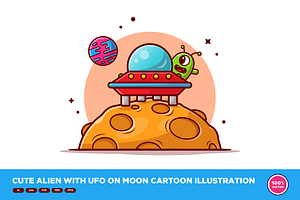 Cute Alien With UFO On Moon Cartoon