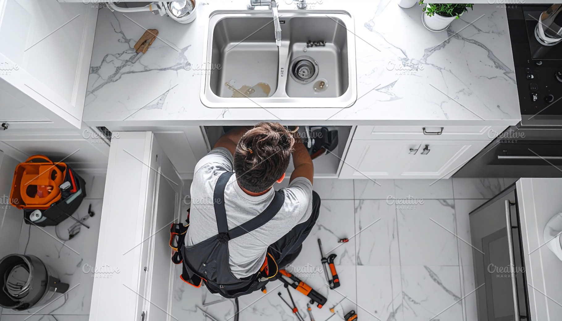 Plumber Repairing Sink in Modern Kit, an Industrial Photo by Stock Shape