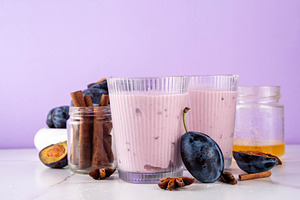 Tasty sweet plum yogurt or smoothie, a Food & Drink Photo by Rimma