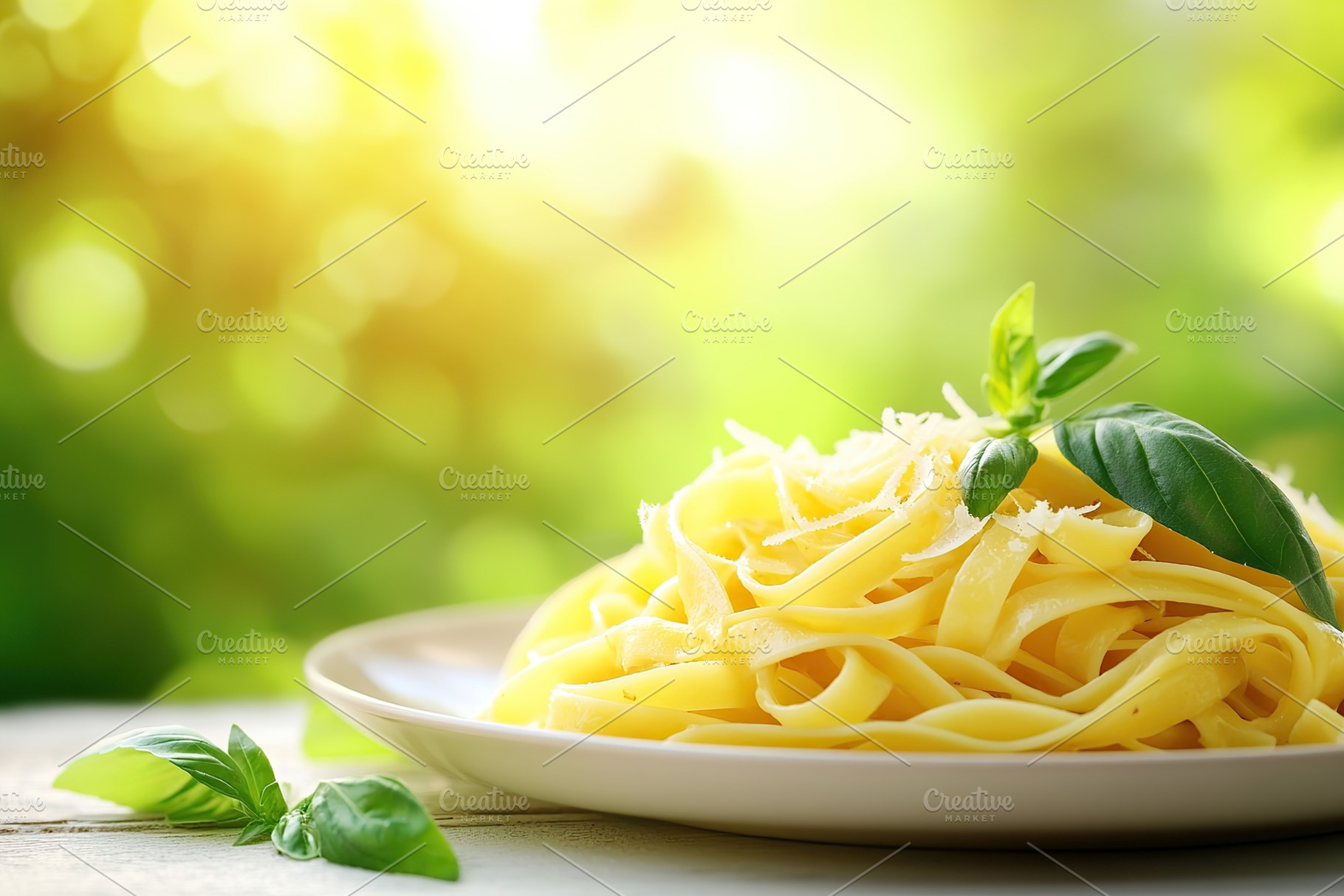 Creamy fettuccine pasta with truffle served in a bright and fresh outdoor setti, a Food & Drink Photo by AlyaAnd