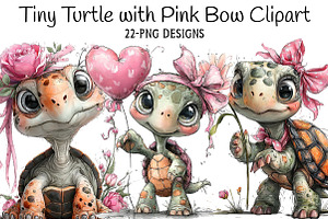 Tiny Turtle with Pink Bow Clipart, an Illustration by Daily.Designs