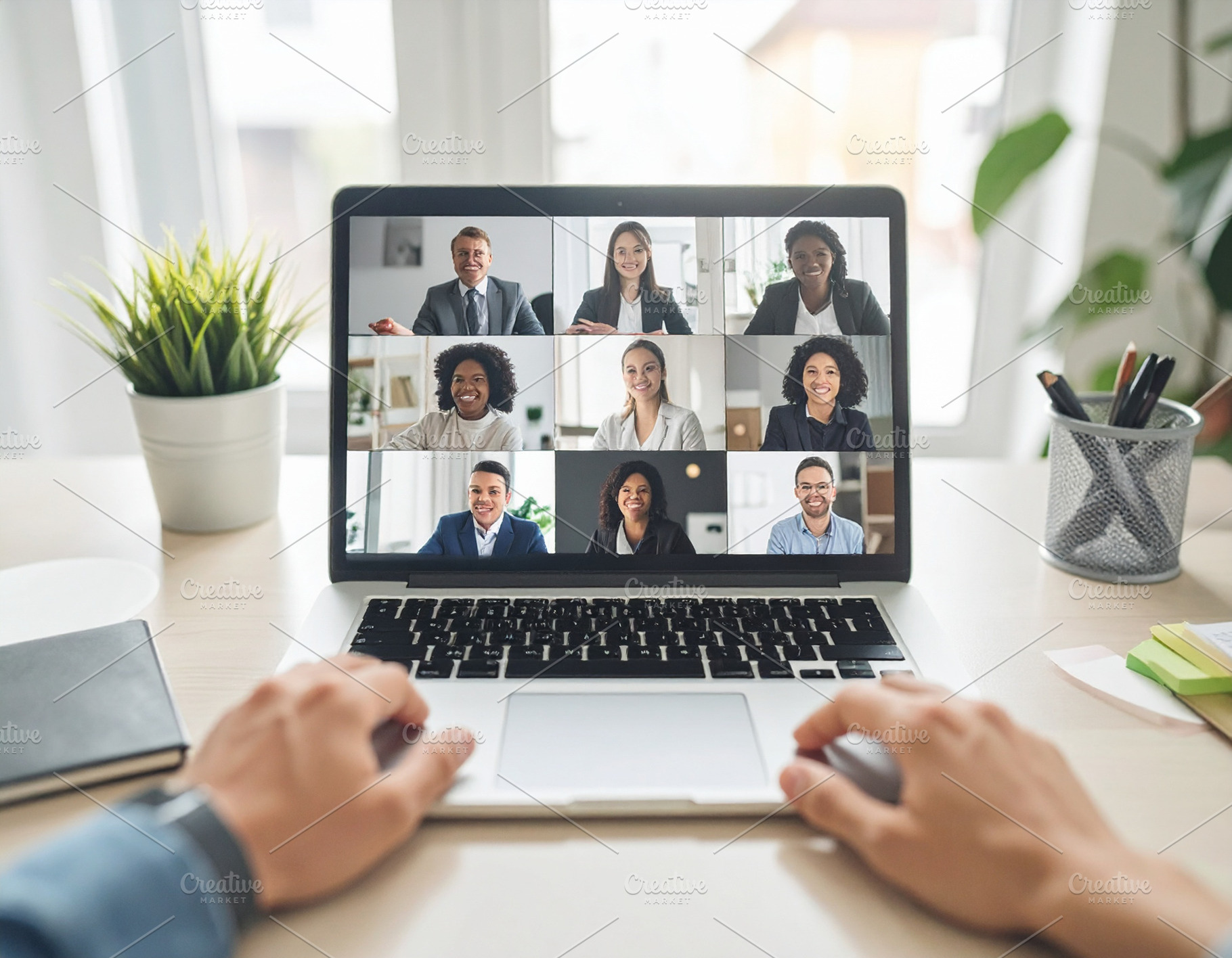 Laptop screen displaying a grid of diverse professionals in a vi, a Technology Photo by DanFLCreativo