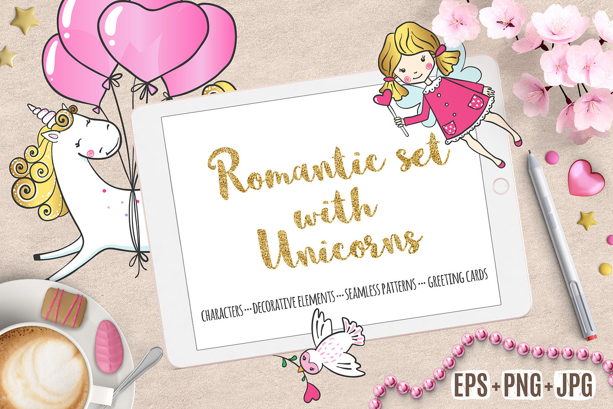 Romantic set with Cute Unicorns, a Decorative Illustration by MalniArt (Photo 1 of 6)