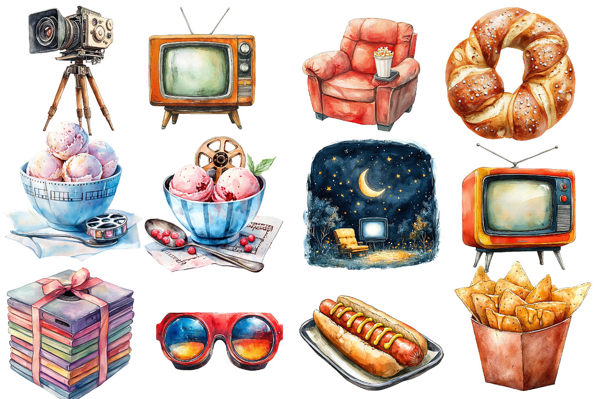 Watercolor Movie Night Clipart, an Illustration by Designworld (Photo 2 of 8)