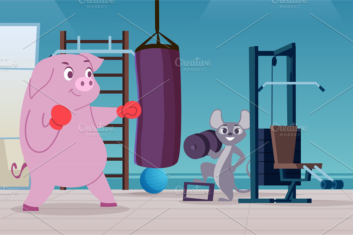 Sport gym. pig and mouse cartoon, an Animal Illustration by Onyx