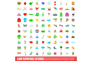 100 Spring Icons Set, Cartoon Style