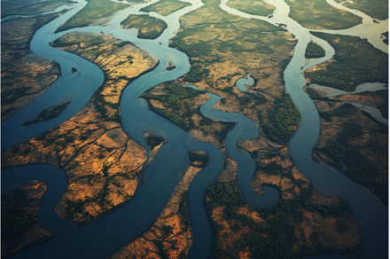 Winding River aerial hills. Generate, a Nature Photo by Ylivdesign