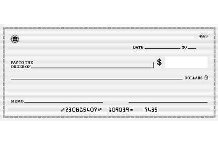 Blank bank check, checkbook cheque