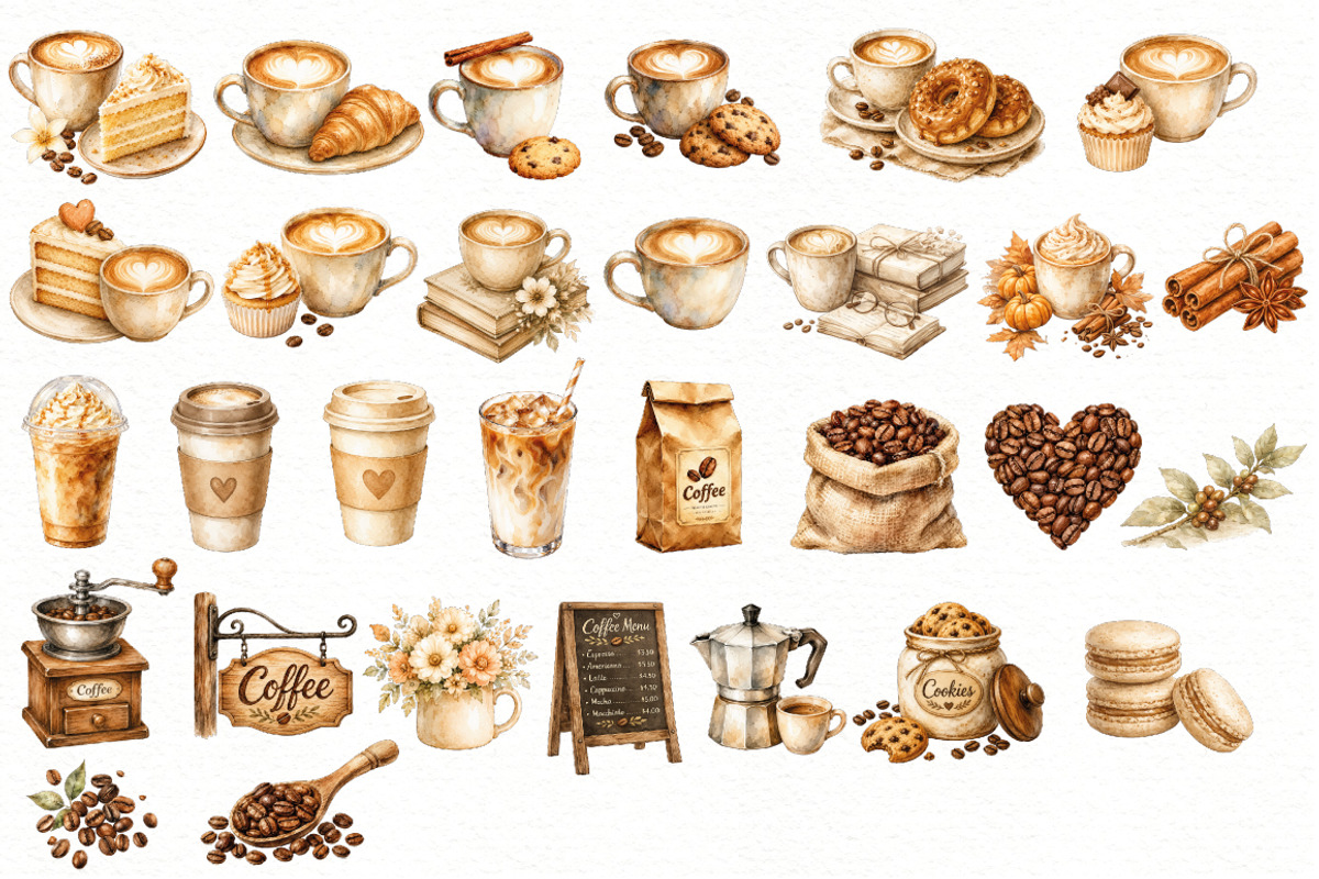 Watercolor Coffee Clipart Bundle PNG, a Food Illustration by Villa 11 Estudio (Photo 2 of 7)