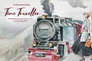 Watercolor Time Traveller Clipart, a Transportation Illustration by ArtCreationsDesign (Thumbnail 1 of 12)