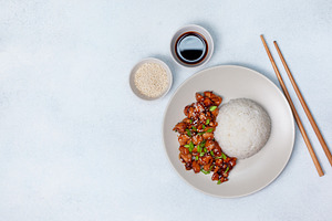Rice and chicken teriyaki containing teriyaki, rice, and chicken