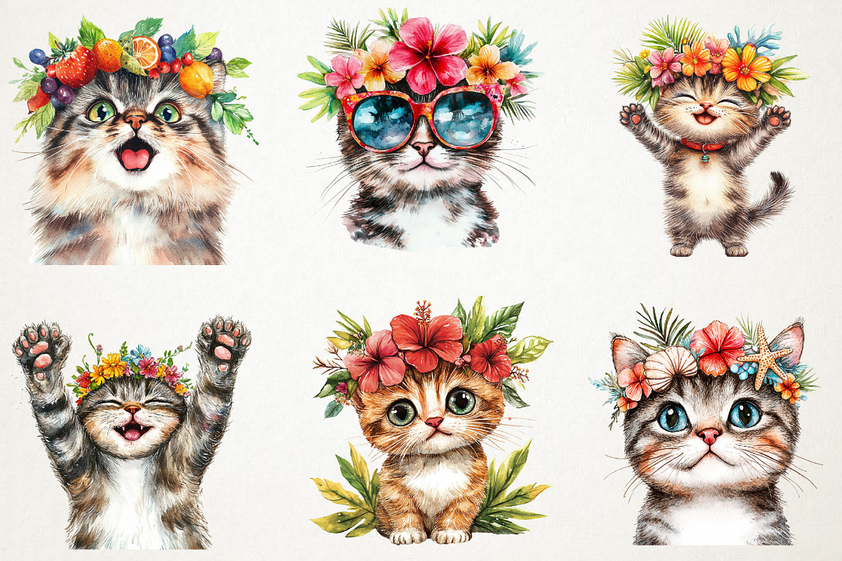 Funny Summer Cat Watercolor Clipart, an Illustration by RobertsArt (Photo 7 of 7)