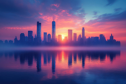 Beautiful sunset over a city skyline, a Photo by Tanuart