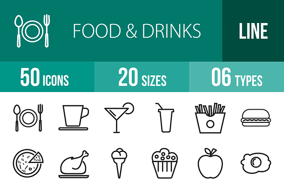50 Food Drinks Line Icons
