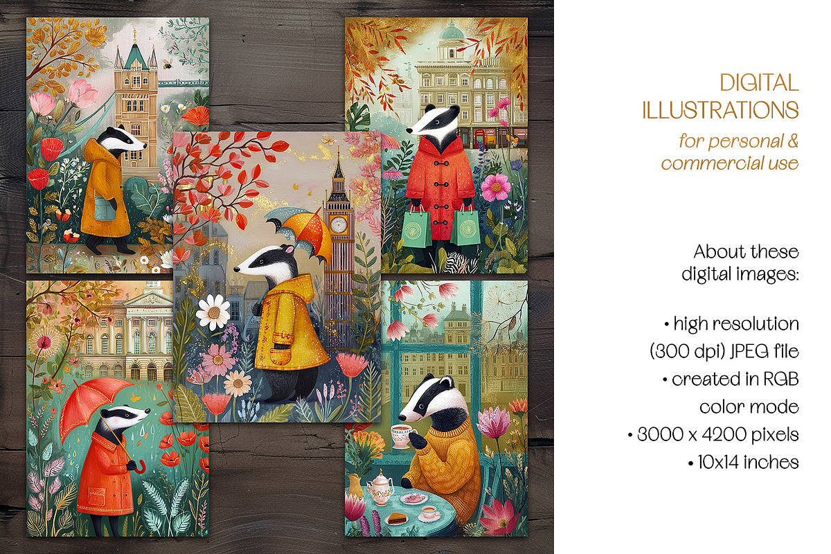 A Badger In London Postcard Set, an Animal Illustration by The Dutch Lady Designs (Photo 7 of 7)
