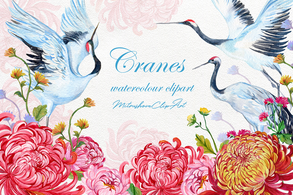 Cranes watercolor clipart, a Decorative Illustration by MitrushovaArt (Photo 1 of 7)