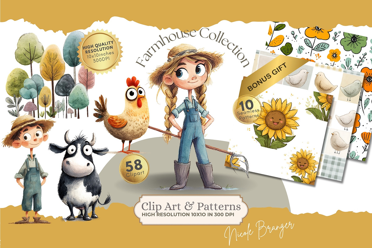 Quirky Farmhouse Clipart Bundle, an Animal Illustration by Nicole Branger Art (Photo 1 of 20)