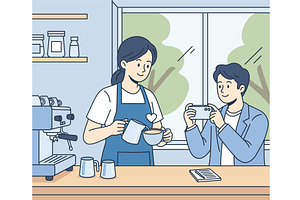 Young woman barista serving coffee, a Food Illustration by Artsaba Family
