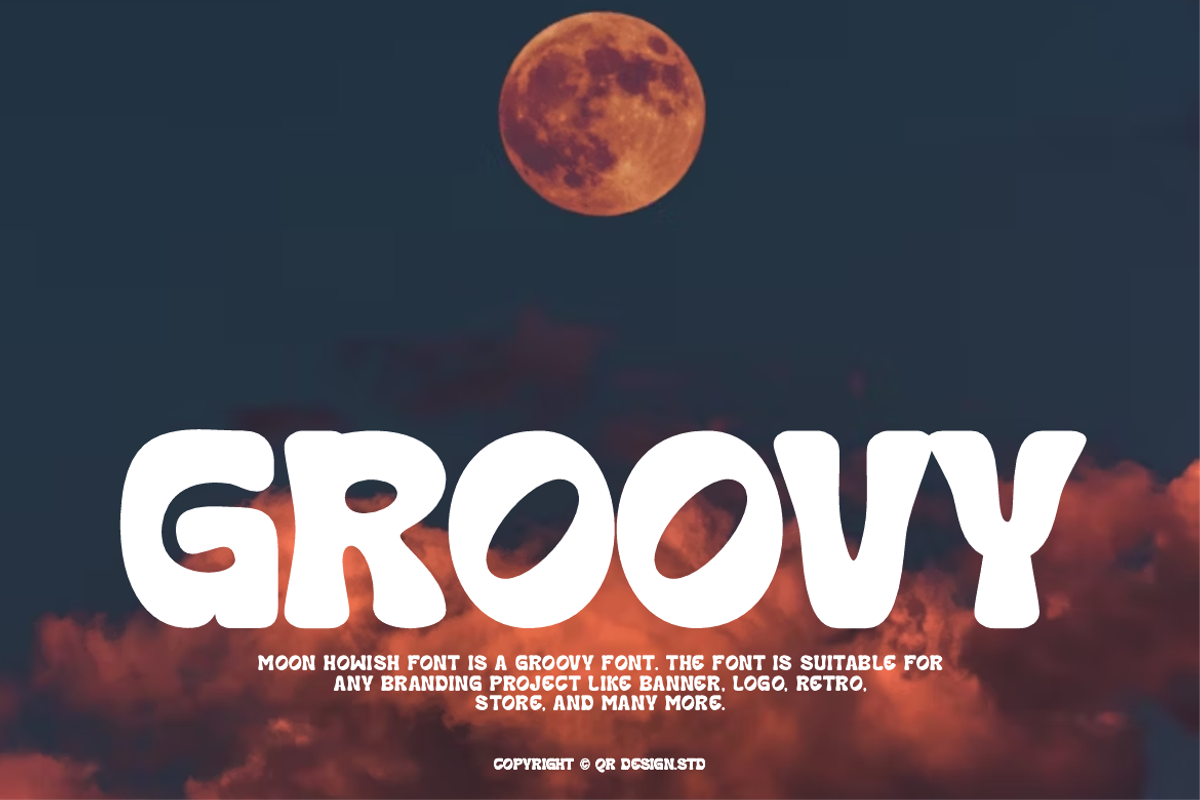 Moon Howish - Groovy Retro Font, a Sans Serif Font by QR Design Studio (Photo 2 of 12)