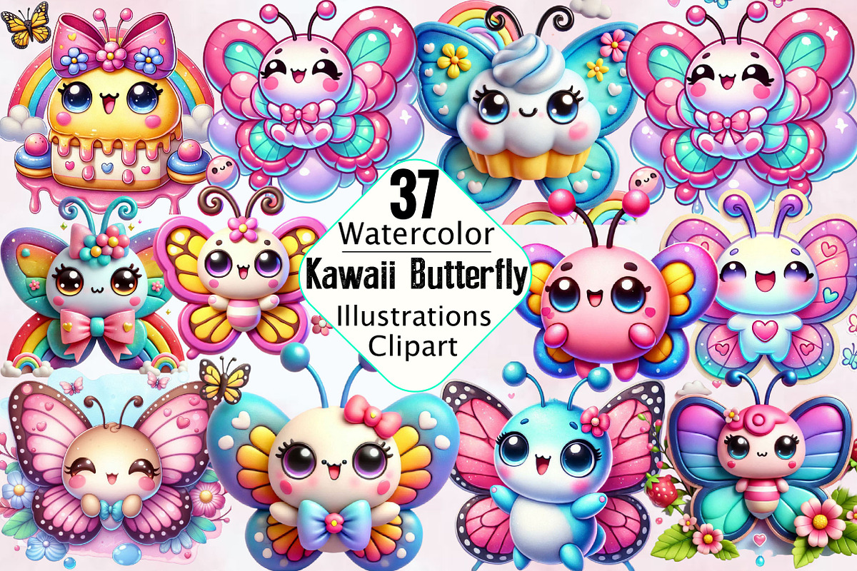 Kawaii Butterfly Sublimation Clipart, an Illustration by SVGArt (Photo 1 of 2)