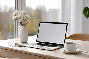 Modern home office setup with laptop, coffee, and decorative flowers by the win, a Business Photo by AlyaAnd