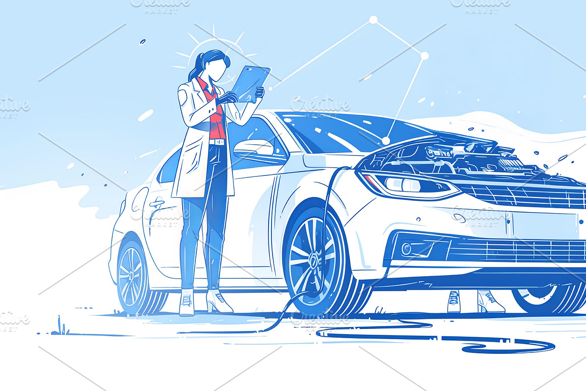 Mechanic performs technical inspection and diagnostics for car in repair worksh, an Illustration by AS photostudio