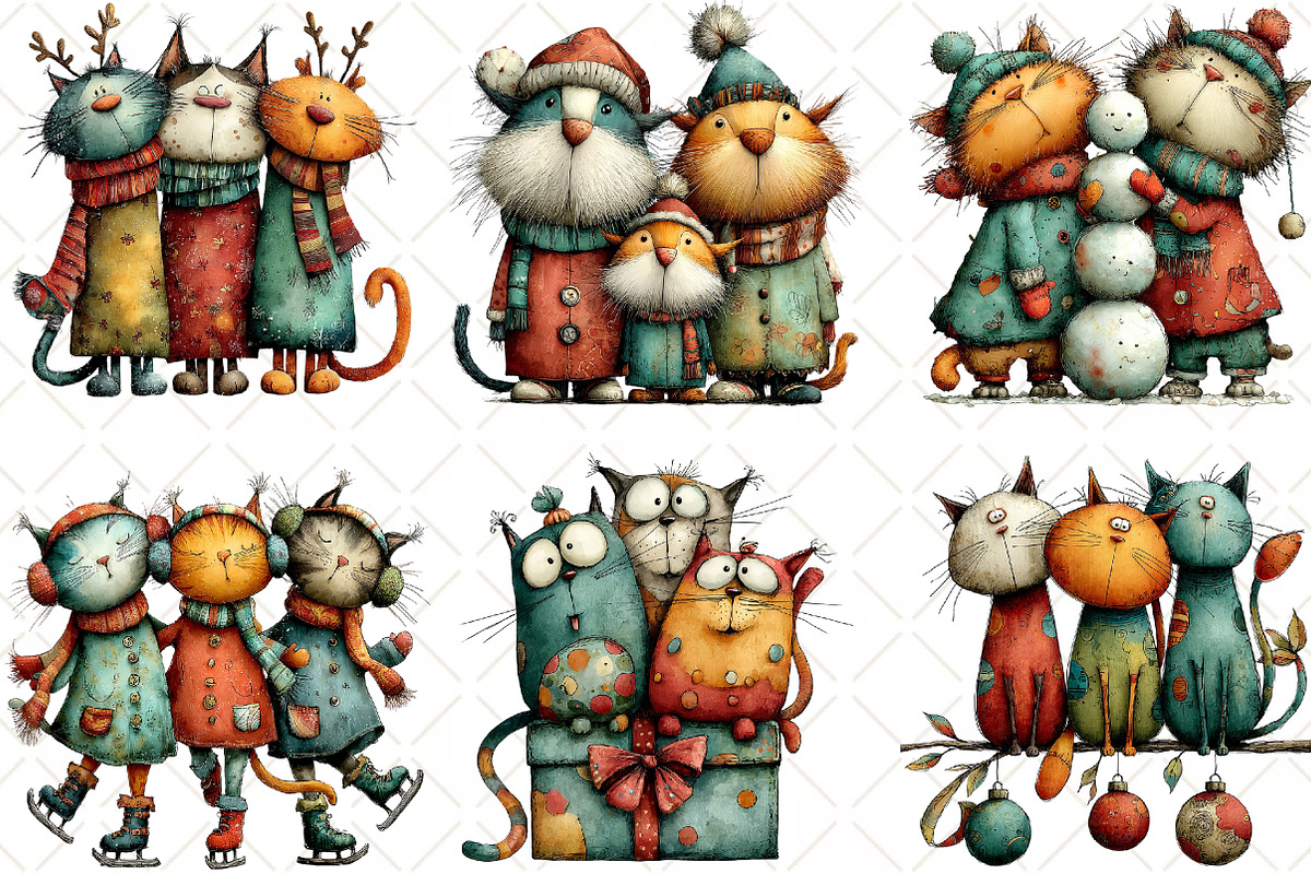 Whimsical Christmas Cats Clipart, an Illustration by Black Bird Studio (Photo 4 of 6)