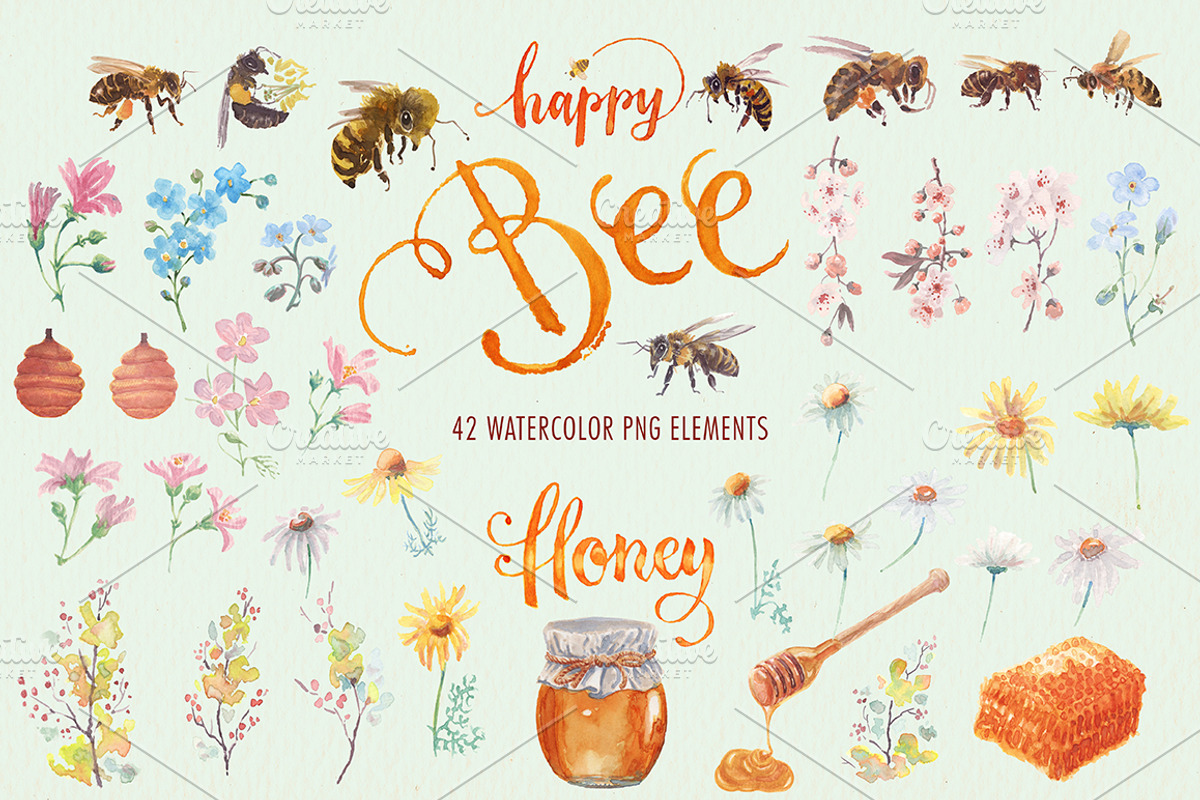 Watercolor happy bee clipart set, an Illustration by Art & Things (Photo 6 of 6)