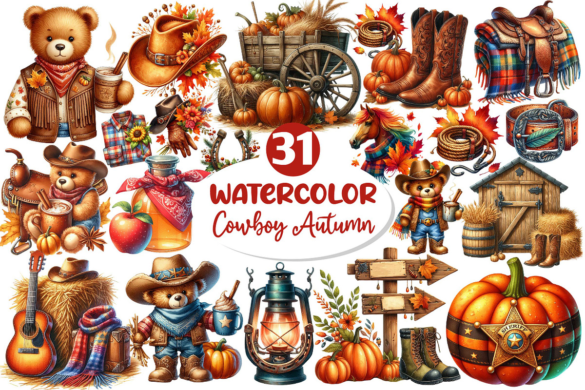 Watercolor Cowboy Autumn Clipart, an Illustration by Dream Creation (Photo 1 of 6)