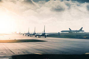 Airport taxiway long queue taxi way containing aero, aircraft, and airplane