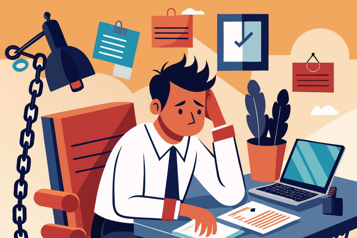Man chained to desk with laptop, a Person Illustration by SouravDesign (Photo 2 of 3)