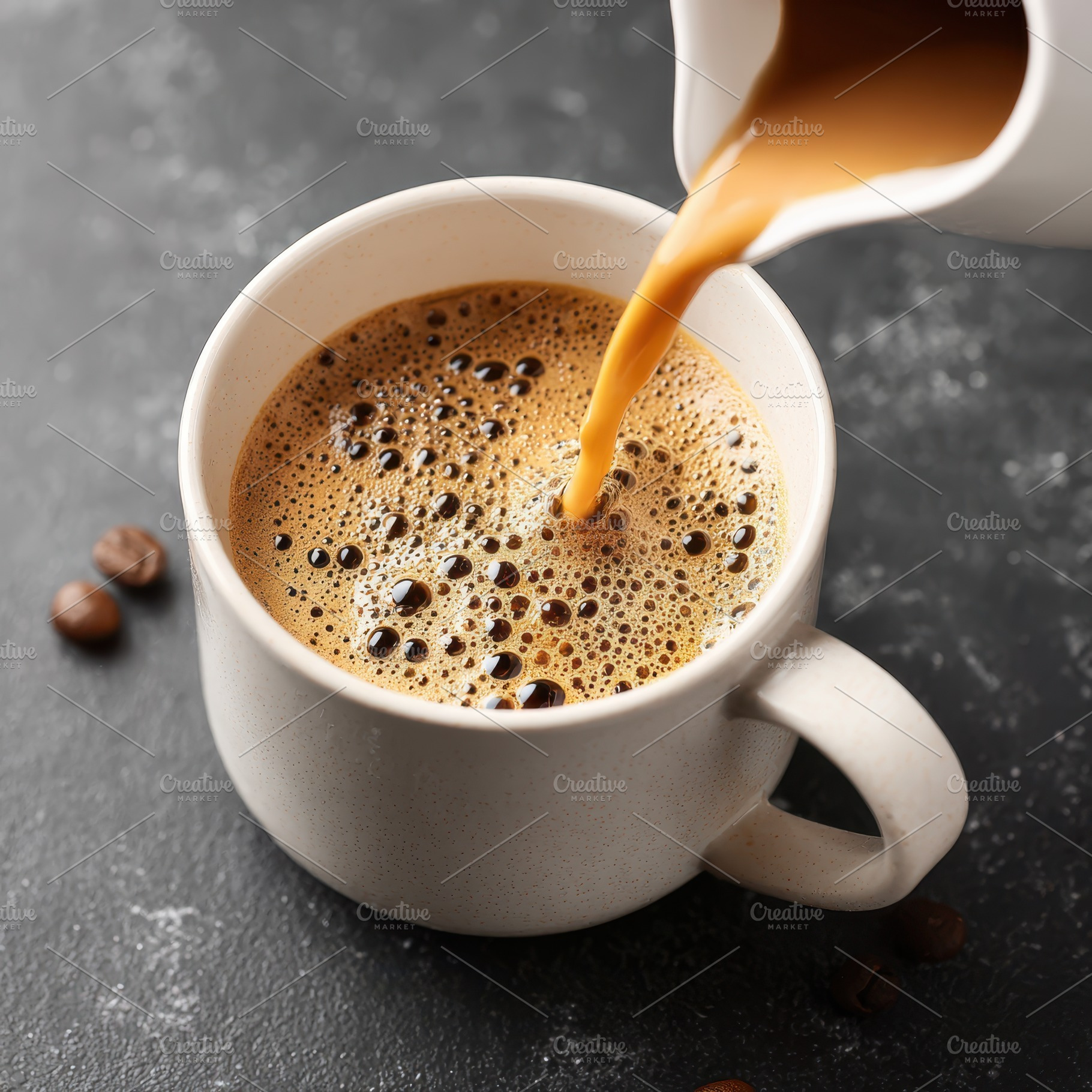 Pouring latte art into a coffee cup, a Food & Drink Photo by AlyaAnd