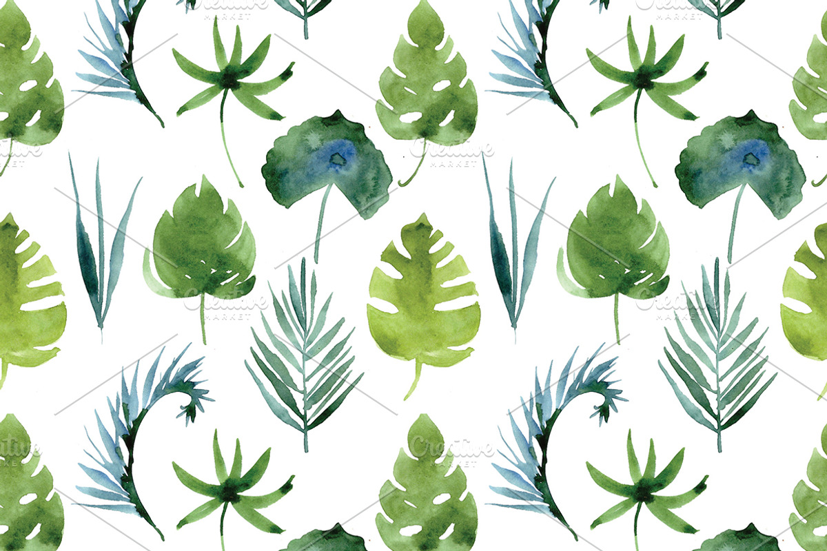 watercolor tropical leaves, patterns, an Illustration by Olesya Morokhovets (Photo 3 of 11)