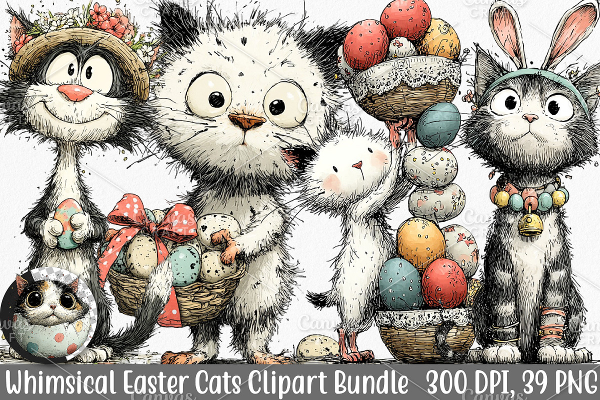 Whimsical Easter Cats Clipart Bundle, an Illustration by Canvas Craft (Photo 1 of 7)