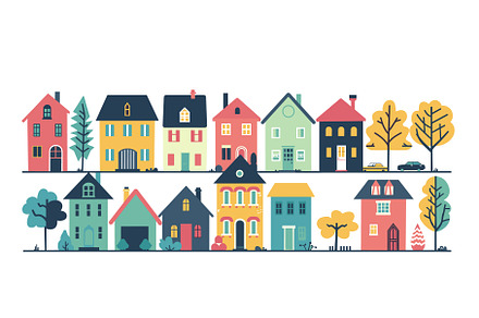 Colorful cartoon suburban houses, an Object Illustration by Vectorstockersland