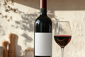 Elegant red wine bottle with blank label and glass on wooden kit, a Food & Drink Photo by AlyaAnd