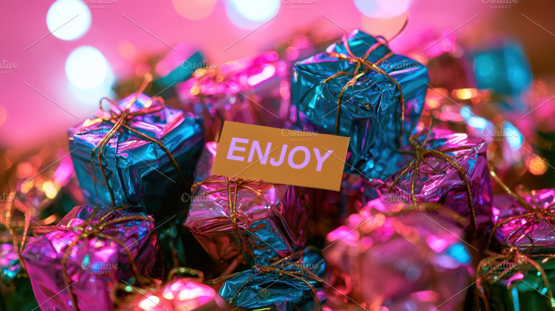 Colorful gifts with a enjoy sign, a Photo by Beautiful things