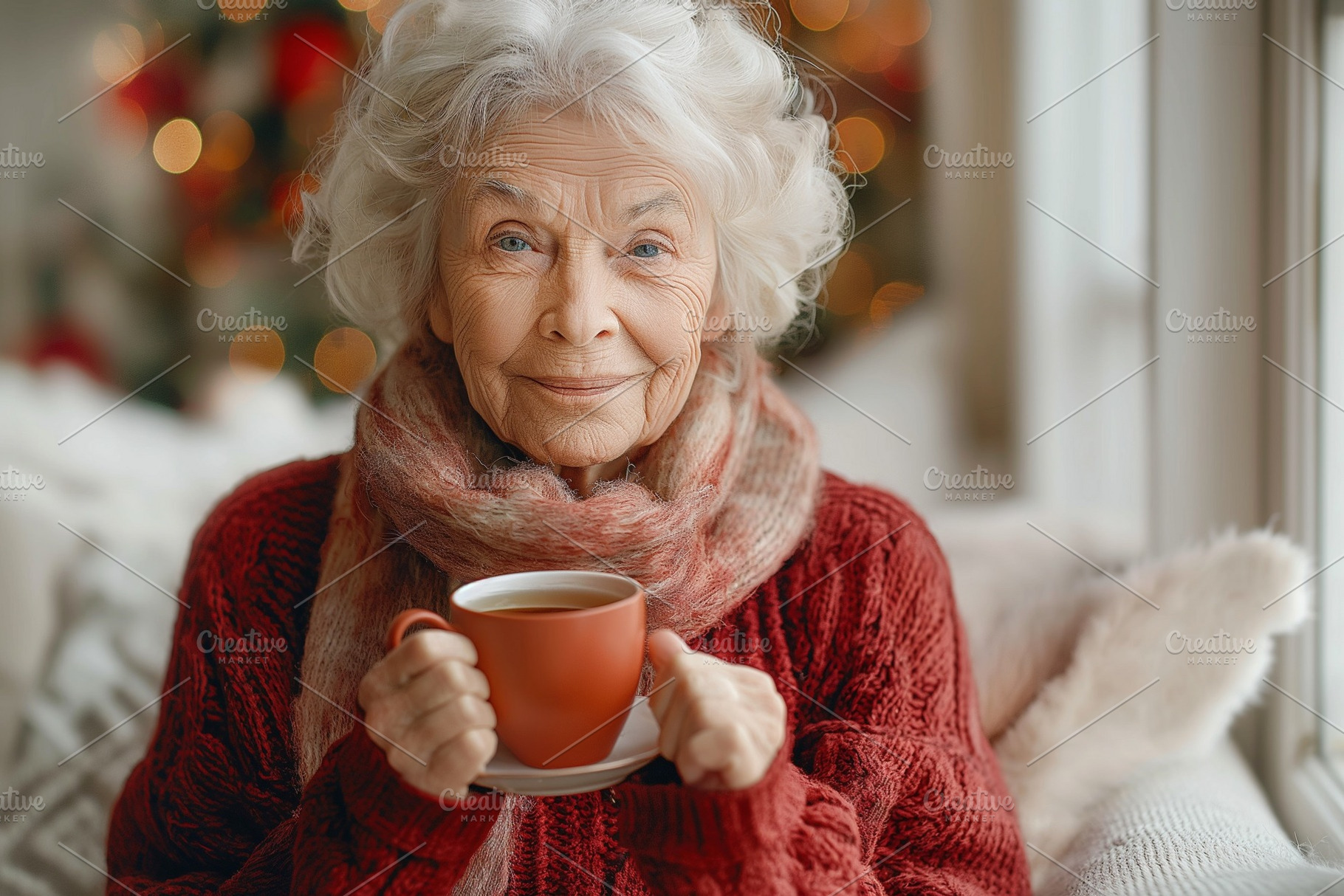 An elderly Caucasian woman enjoys a warm cup of tea, cozy in a knitted sweater, a Background Photo by ImageMir