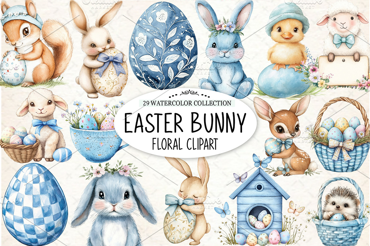 Easter Bunny Floral Clipart, an Illustration by Watercolor design (Photo 1 of 4)