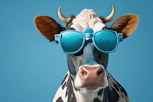 Cool Cow: A Whimsical Bovine Wearing Sunglasses On Blue Background. Generative